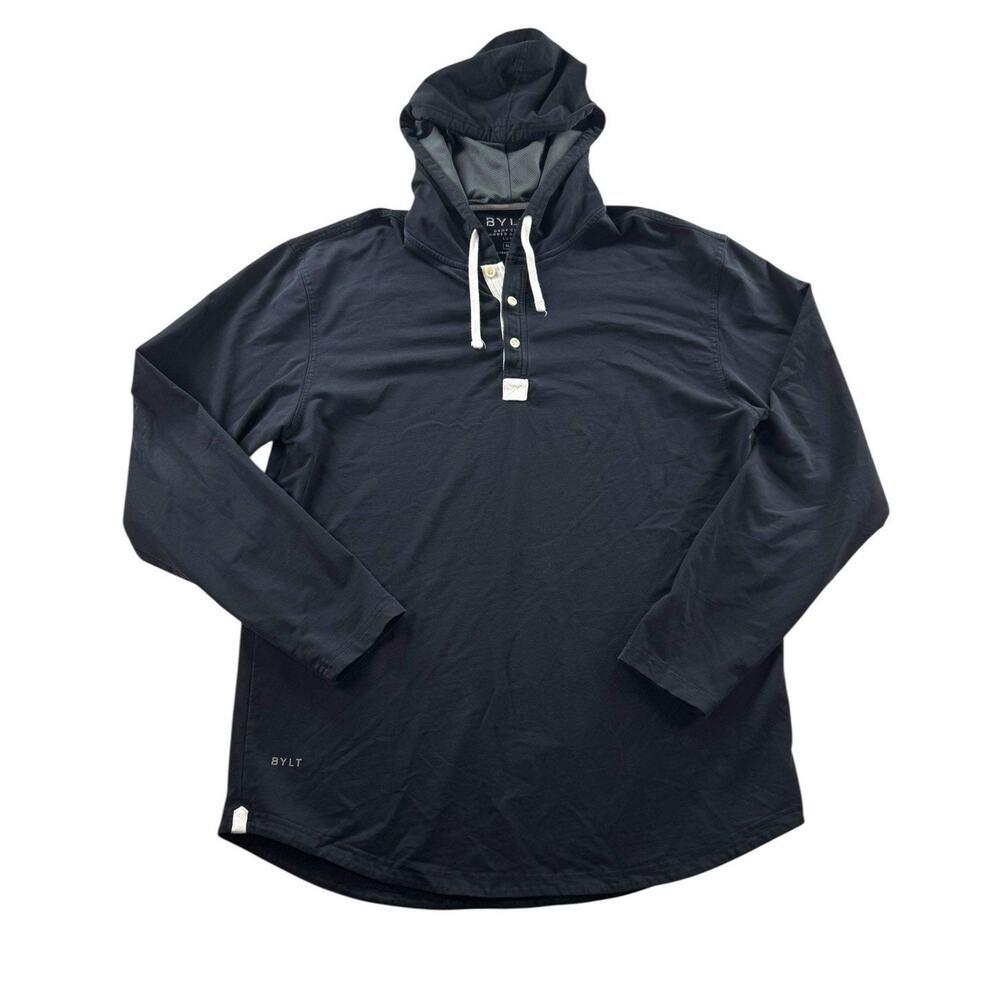 BYLT Basics Drop Cut LUX Hooded Henley Mens XL Black Long Sleeve Curved Hem Tech